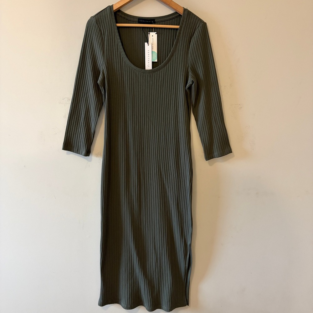 Sanctuary Open Neck Rib Dress Bodycon Olive Green L NWT Side Slit Scoop Neck